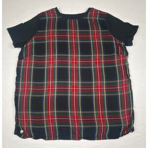 Lauren Ralph Lauren Plaid Mixed Media Top Womens 1X Black Red Green Short Sleeve